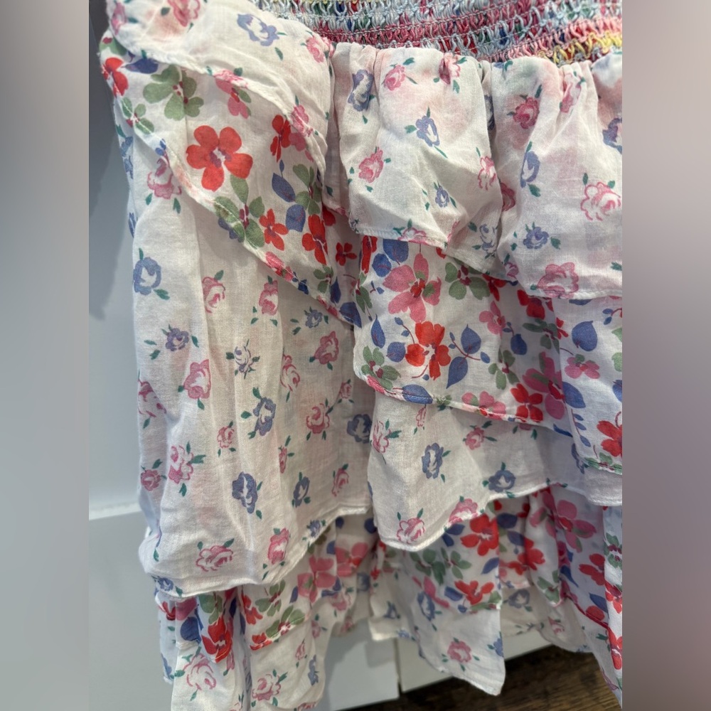 LoveShackFancy Multicolor Smocked Floral Asymmetrical Ruffle Mini Dress - Picture 7 of 9